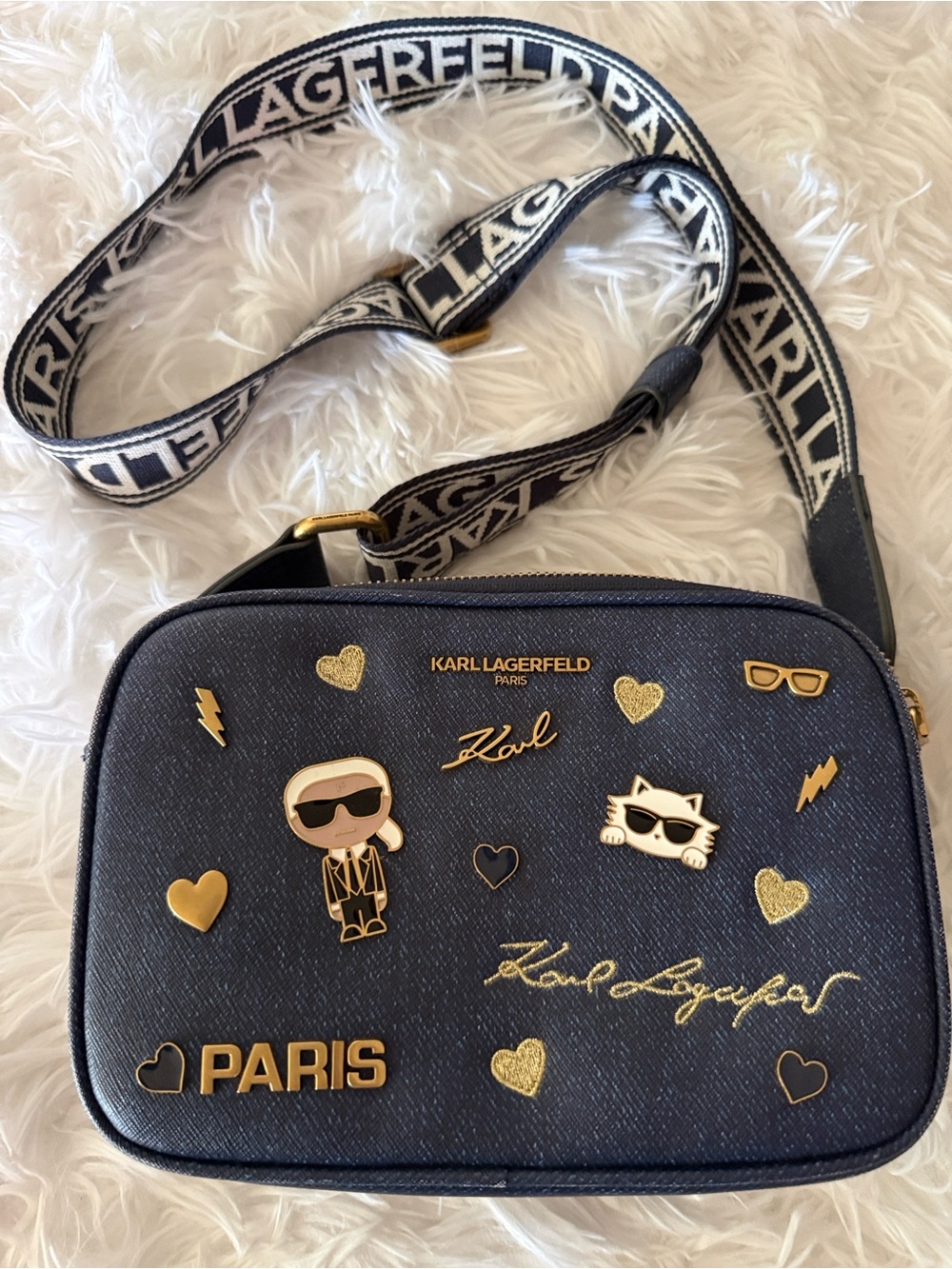 Karl Lagerfeld Navy and Gold Embellished Crossbody Messenger Bag
